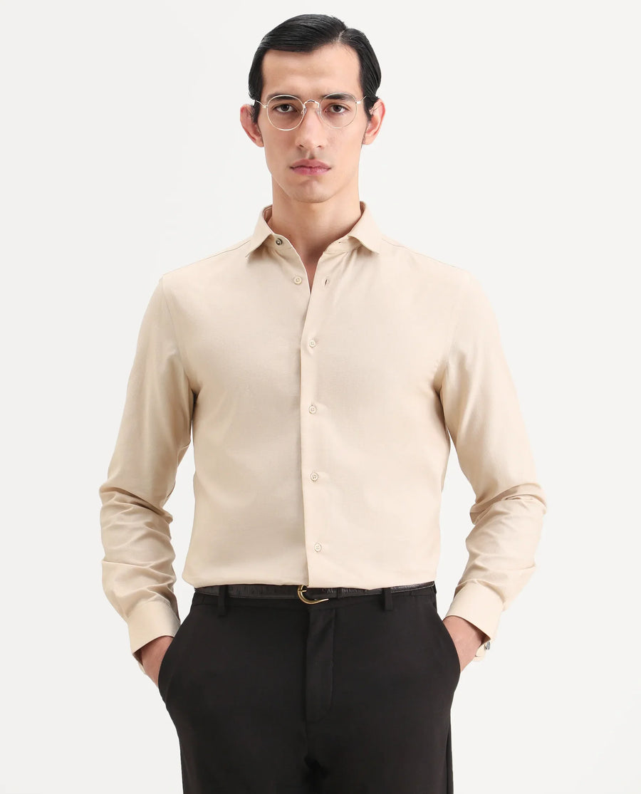 Rare Rabbit Men's Lasko-26 Beige Cotton Fabric Full Sleeve Spread Collar Regular Fit Plain Shirt