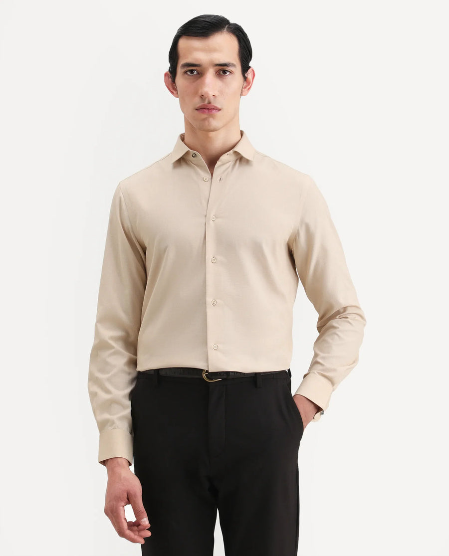 Rare Rabbit Men's Lasko-26 Beige Cotton Fabric Full Sleeve Spread Collar Regular Fit Plain Shirt