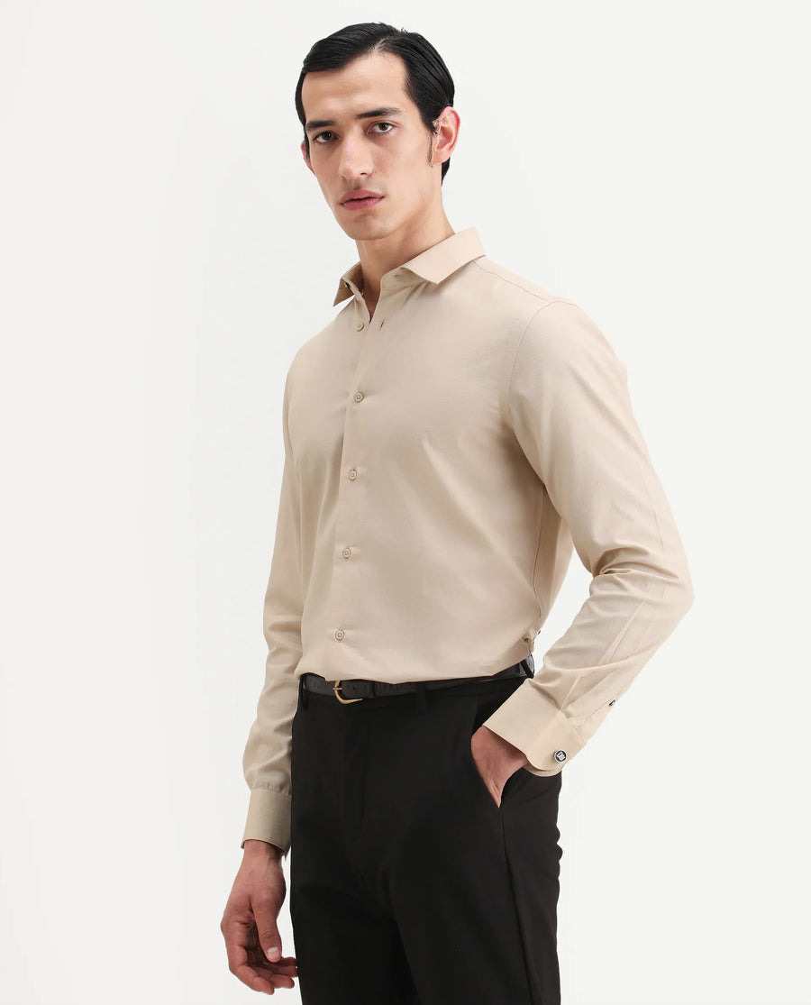 Rare Rabbit Men's Lasko-26 Beige Cotton Fabric Full Sleeve Spread Collar Regular Fit Plain Shirt