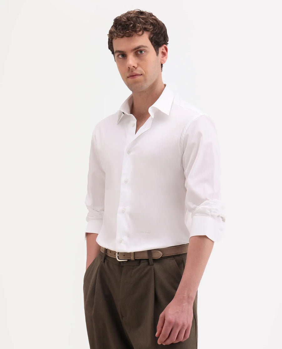 Rare Rabbit Men's Neutron-Ss26 White Cotton Blend Full Sleeve Spread Collar Regular Fit Plain Shirt