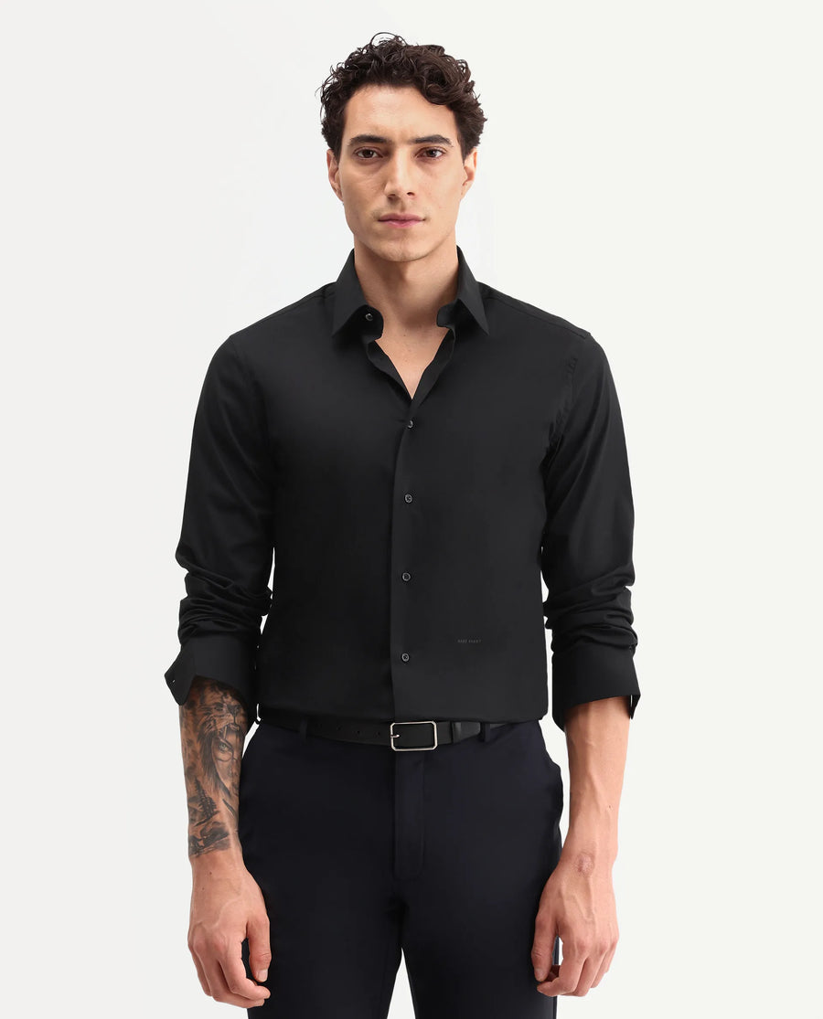 Rare Rabbit Men's Neutron-Ss26 Black Cotton Blend Full Sleeve Spread Collar Regular Fit Plain Shirt