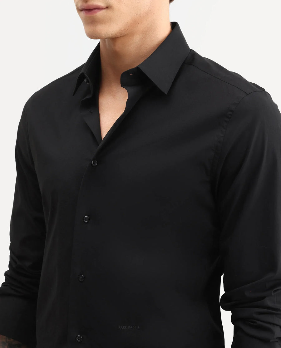 Rare Rabbit Men's Neutron-Ss26 Black Cotton Blend Full Sleeve Spread Collar Regular Fit Plain Shirt