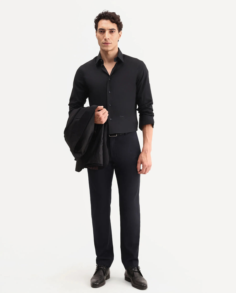Rare Rabbit Men's Neutron-Ss26 Black Cotton Blend Full Sleeve Spread Collar Regular Fit Plain Shirt