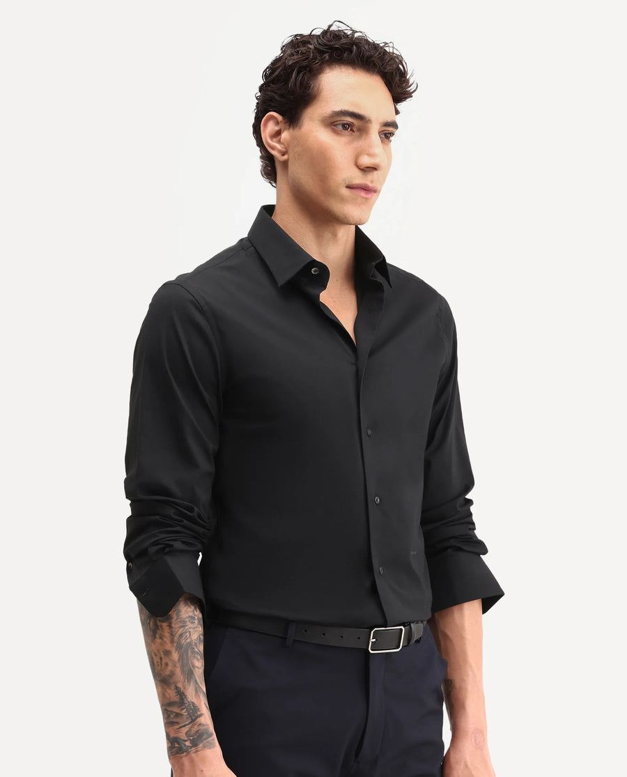 Rare Rabbit Men's Neutron-Ss26 Black Cotton Blend Full Sleeve Spread Collar Regular Fit Plain Shirt
