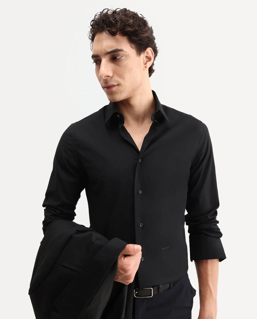 Rare Rabbit Men's Neutron-Ss26 Black Cotton Blend Full Sleeve Spread Collar Regular Fit Plain Shirt