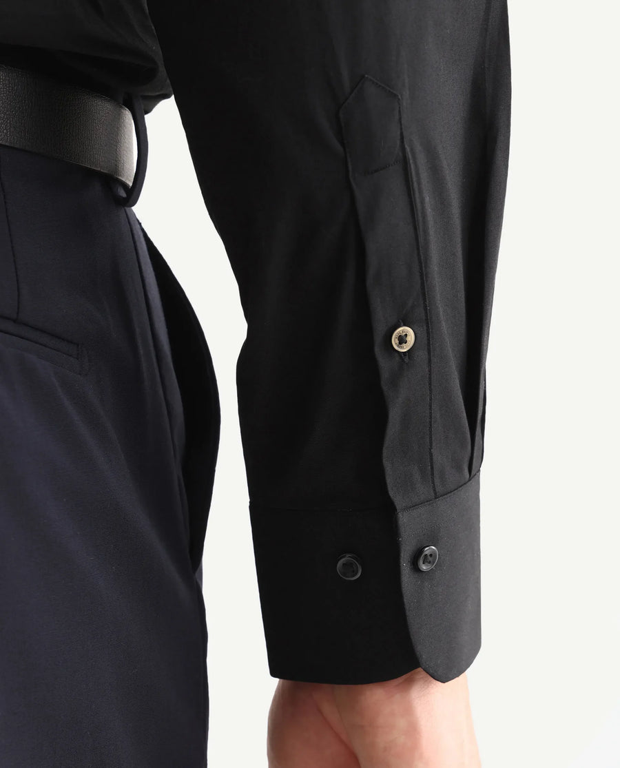 Rare Rabbit Men's Neutron-Ss26 Black Cotton Blend Full Sleeve Spread Collar Regular Fit Plain Shirt