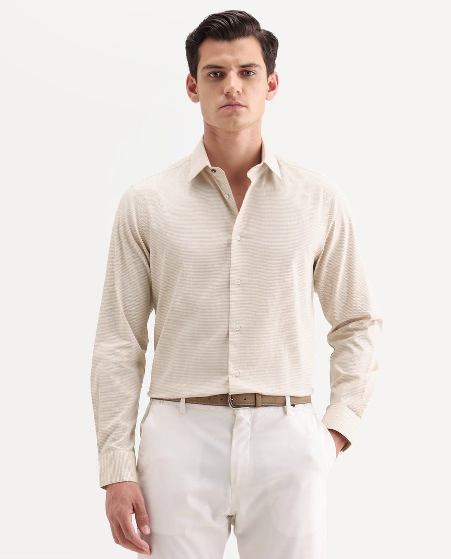 Rare Rabbit Men's Ning Light Beige Cotton Full Sleeve Spread Collar Regular Fit Geometric Shirt