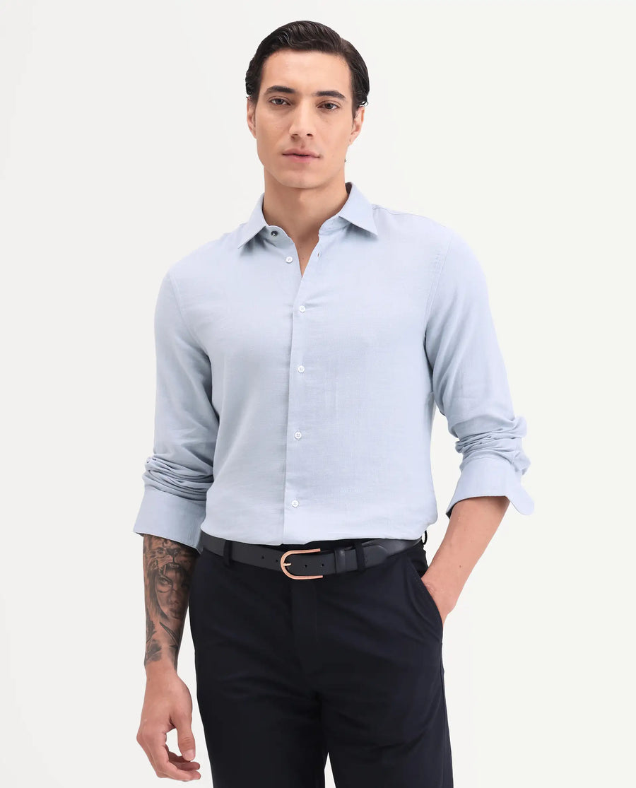 Rare Rabbit Men's Raxo Dusky Blue Cotton Fabric Full Sleeve Spread Collar Regular Fit Plain Shirt