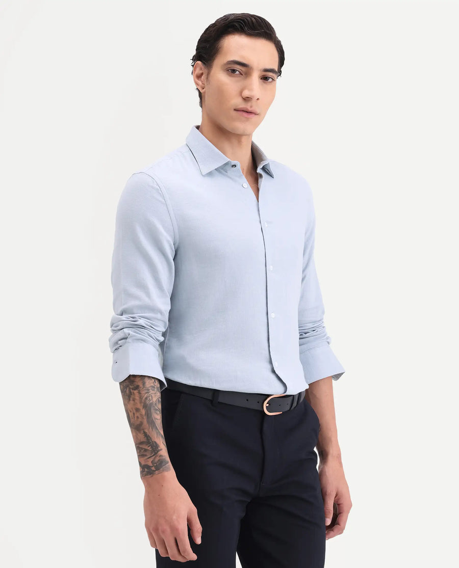 Rare Rabbit Men's Raxo Dusky Blue Cotton Fabric Full Sleeve Spread Collar Regular Fit Plain Shirt