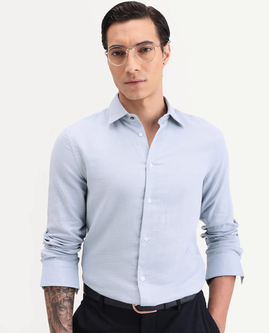 Rare Rabbit Men's Raxo Dusky Blue Cotton Fabric Full Sleeve Spread Collar Regular Fit Plain Shirt