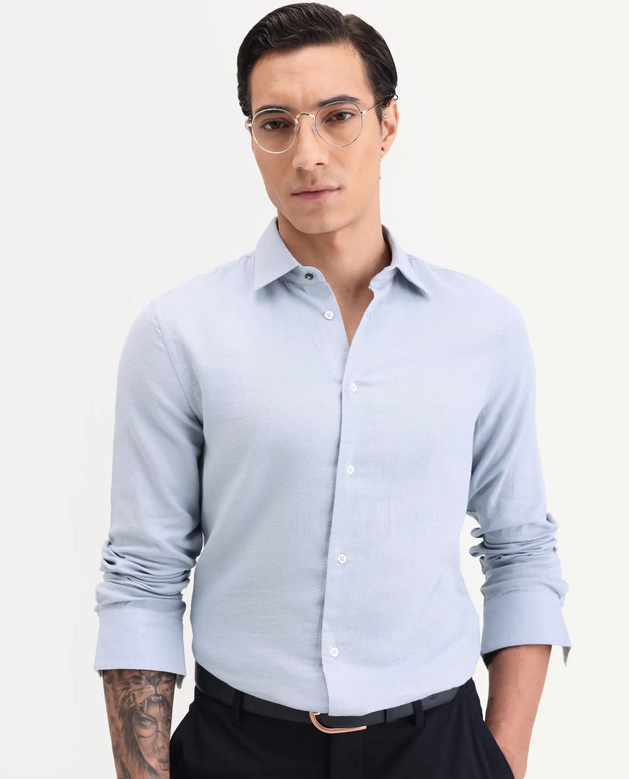 Rare Rabbit Men's Raxo Dusky Blue Cotton Fabric Full Sleeve Spread Collar Regular Fit Plain Shirt
