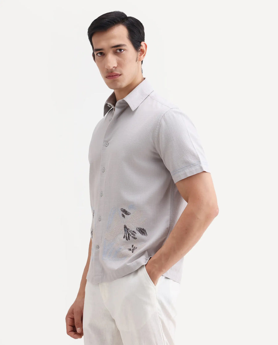Rare Rabbit Men's Dran Light Grey Cotton Blend Fabric Half Sleeve Spread Collar Regular Fit Embroidered Shirt