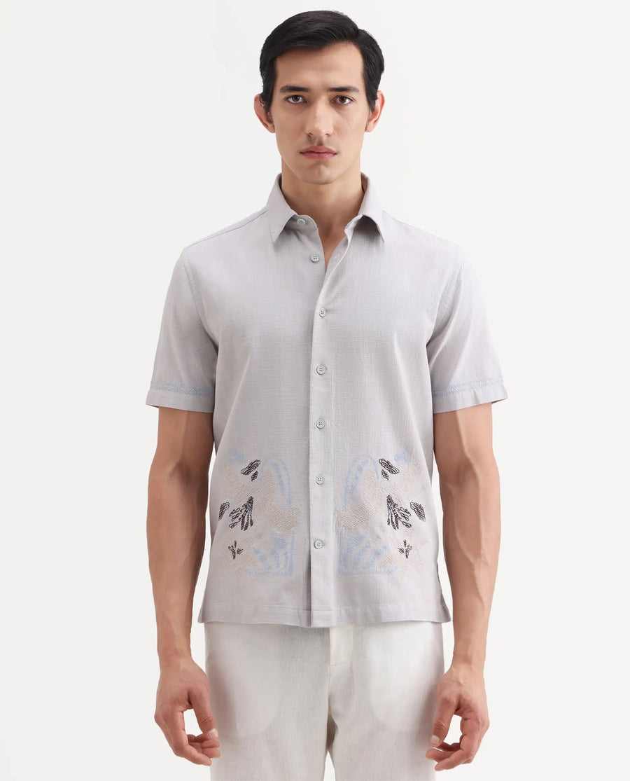 Rare Rabbit Men's Dran Light Grey Cotton Blend Fabric Half Sleeve Spread Collar Regular Fit Embroidered Shirt