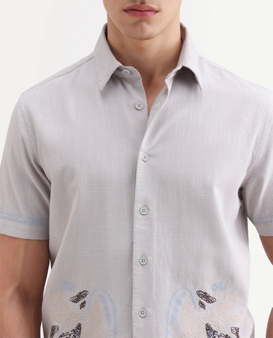 Rare Rabbit Men's Dran Light Grey Cotton Blend Fabric Half Sleeve Spread Collar Regular Fit Embroidered Shirt