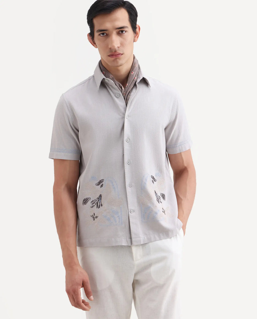 Rare Rabbit Men's Dran Light Grey Cotton Blend Fabric Half Sleeve Spread Collar Regular Fit Embroidered Shirt