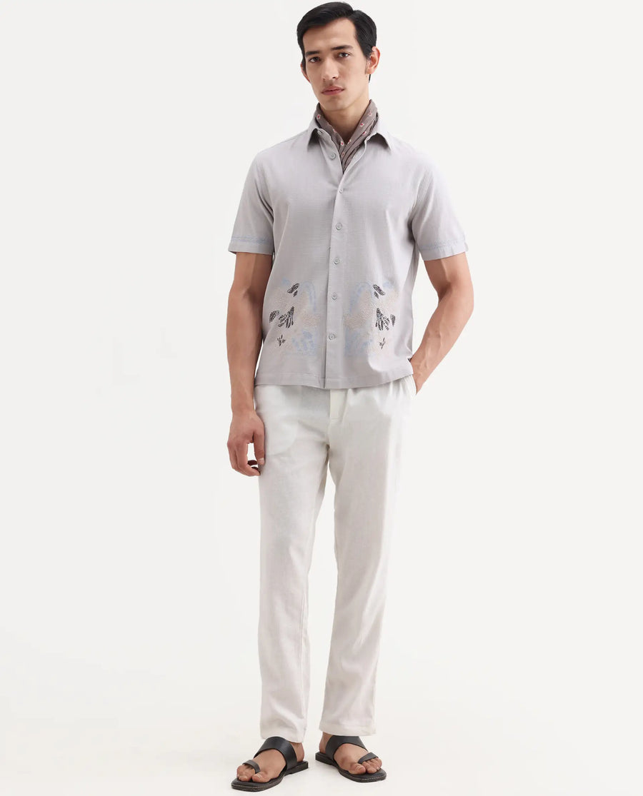 Rare Rabbit Men's Dran Light Grey Cotton Blend Fabric Half Sleeve Spread Collar Regular Fit Embroidered Shirt