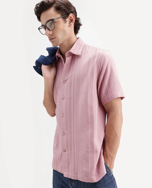 Rare Rabbit Men's Fivo Dusky Pink Cotton Fabric Half Sleeve Collared Regular Fit Striped Shirt