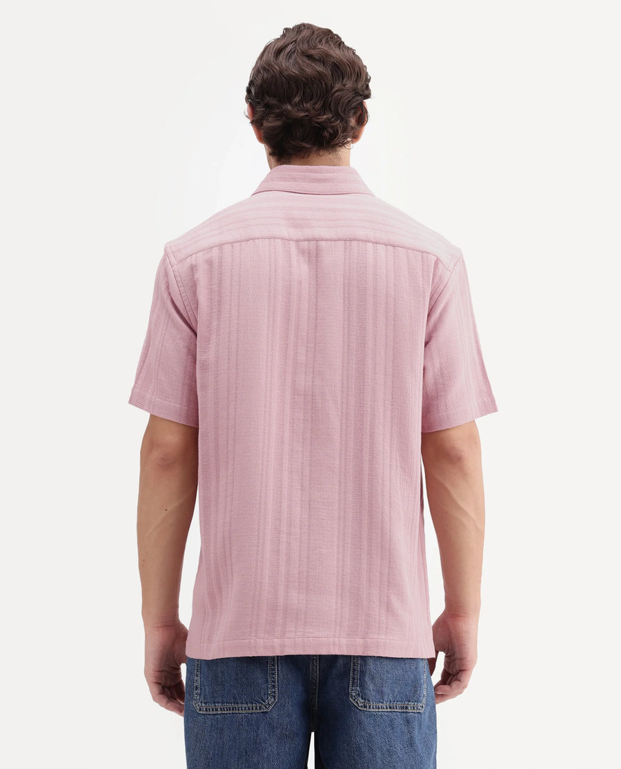 Rare Rabbit Men's Fivo Dusky Pink Cotton Fabric Half Sleeve Collared Regular Fit Striped Shirt