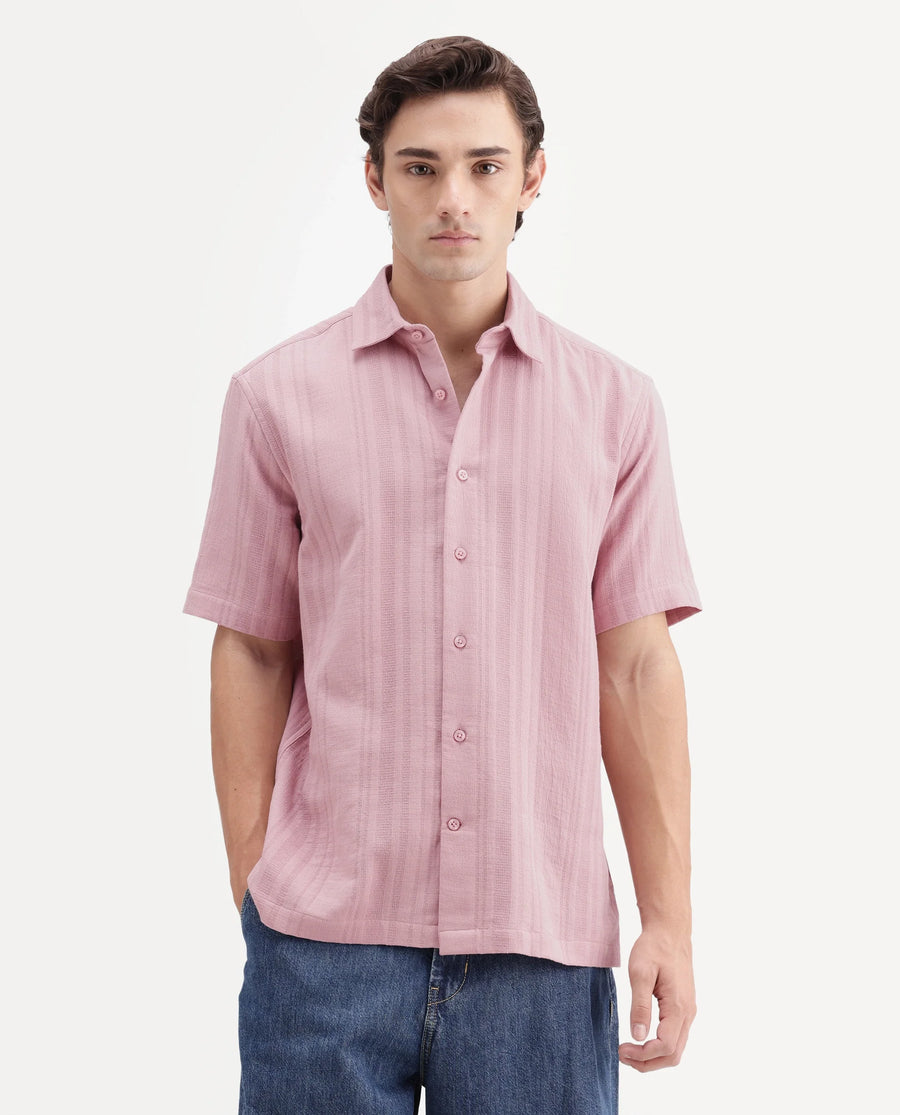 Rare Rabbit Men's Fivo Dusky Pink Cotton Fabric Half Sleeve Collared Regular Fit Striped Shirt