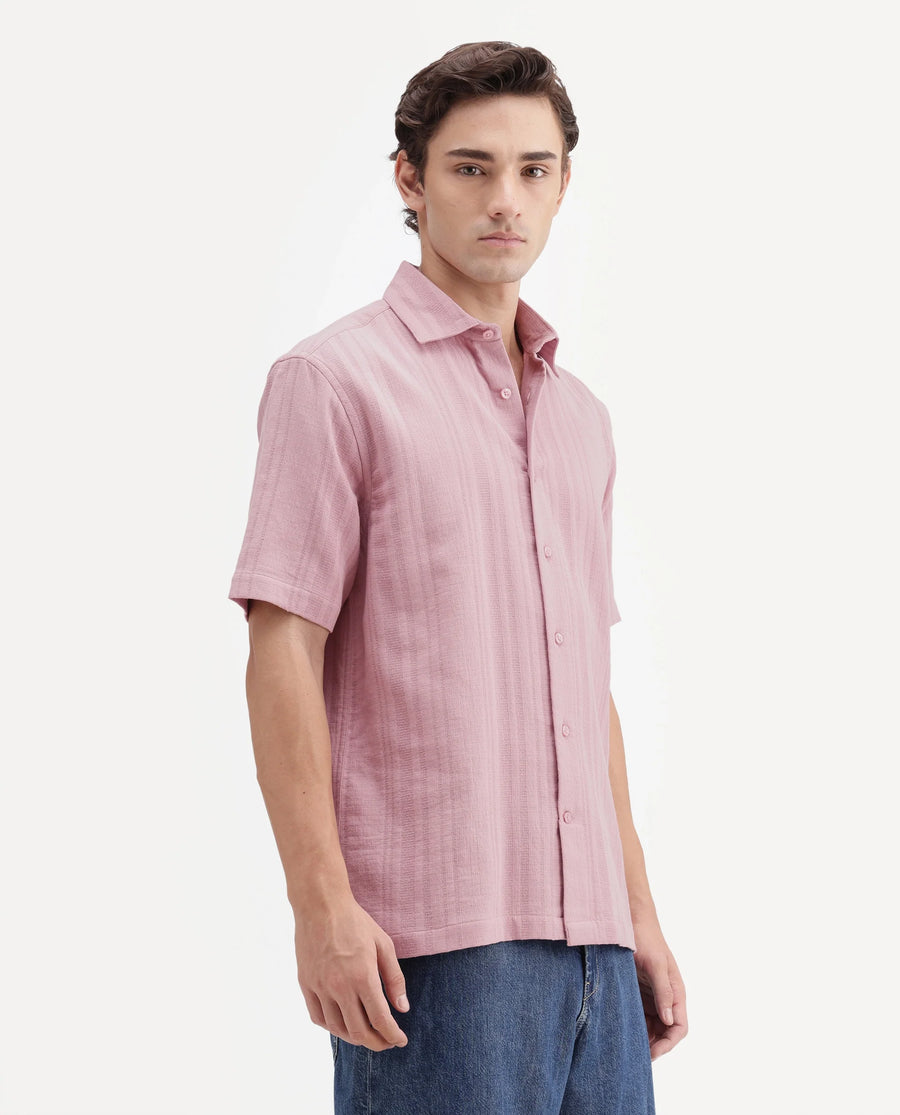 Rare Rabbit Men's Fivo Dusky Pink Cotton Fabric Half Sleeve Collared Regular Fit Striped Shirt