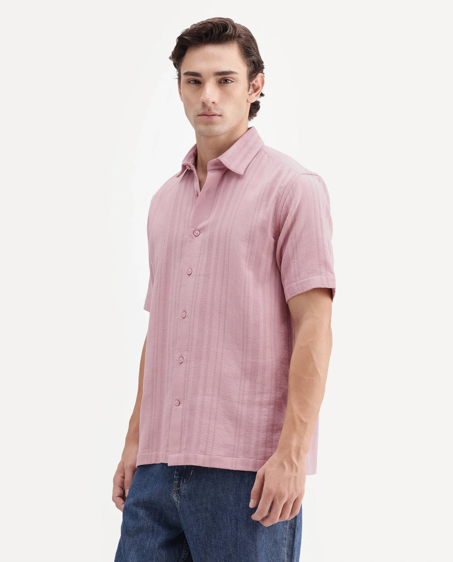 Rare Rabbit Men's Fivo Dusky Pink Cotton Fabric Half Sleeve Collared Regular Fit Striped Shirt