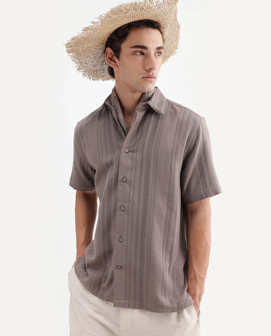 Rare Rabbit Men's Fivo Dusky Brown Cotton Fabric Half Sleeve Collared Regular Fit Striped Shirt