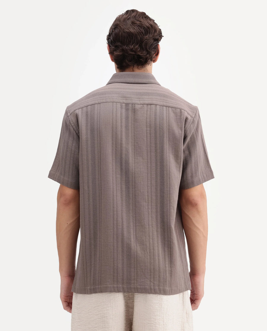 Rare Rabbit Men's Fivo Dusky Brown Cotton Fabric Half Sleeve Collared Regular Fit Striped Shirt