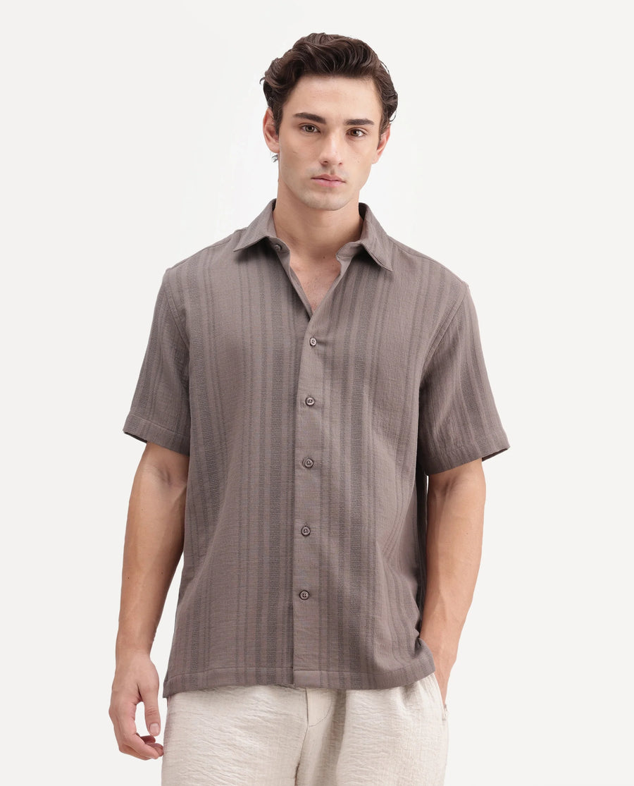 Rare Rabbit Men's Fivo Dusky Brown Cotton Fabric Half Sleeve Collared Regular Fit Striped Shirt