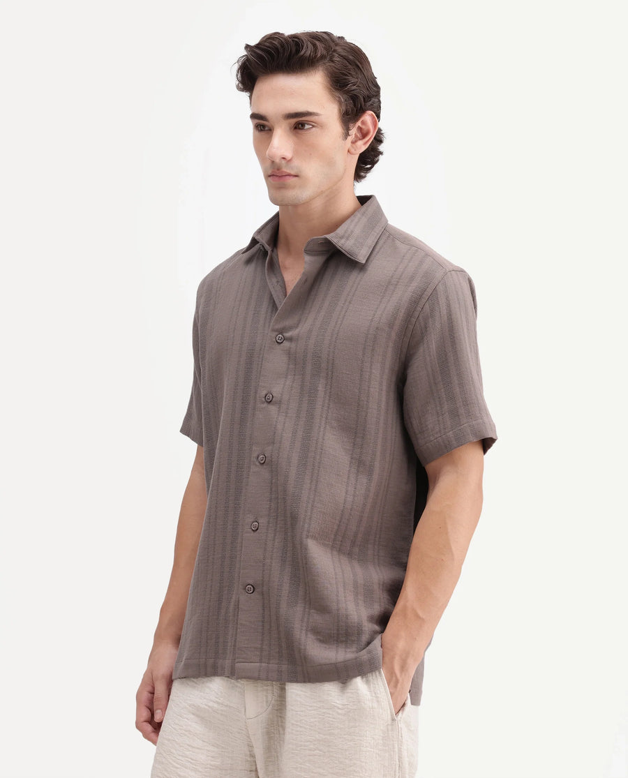 Rare Rabbit Men's Fivo Dusky Brown Cotton Fabric Half Sleeve Collared Regular Fit Striped Shirt