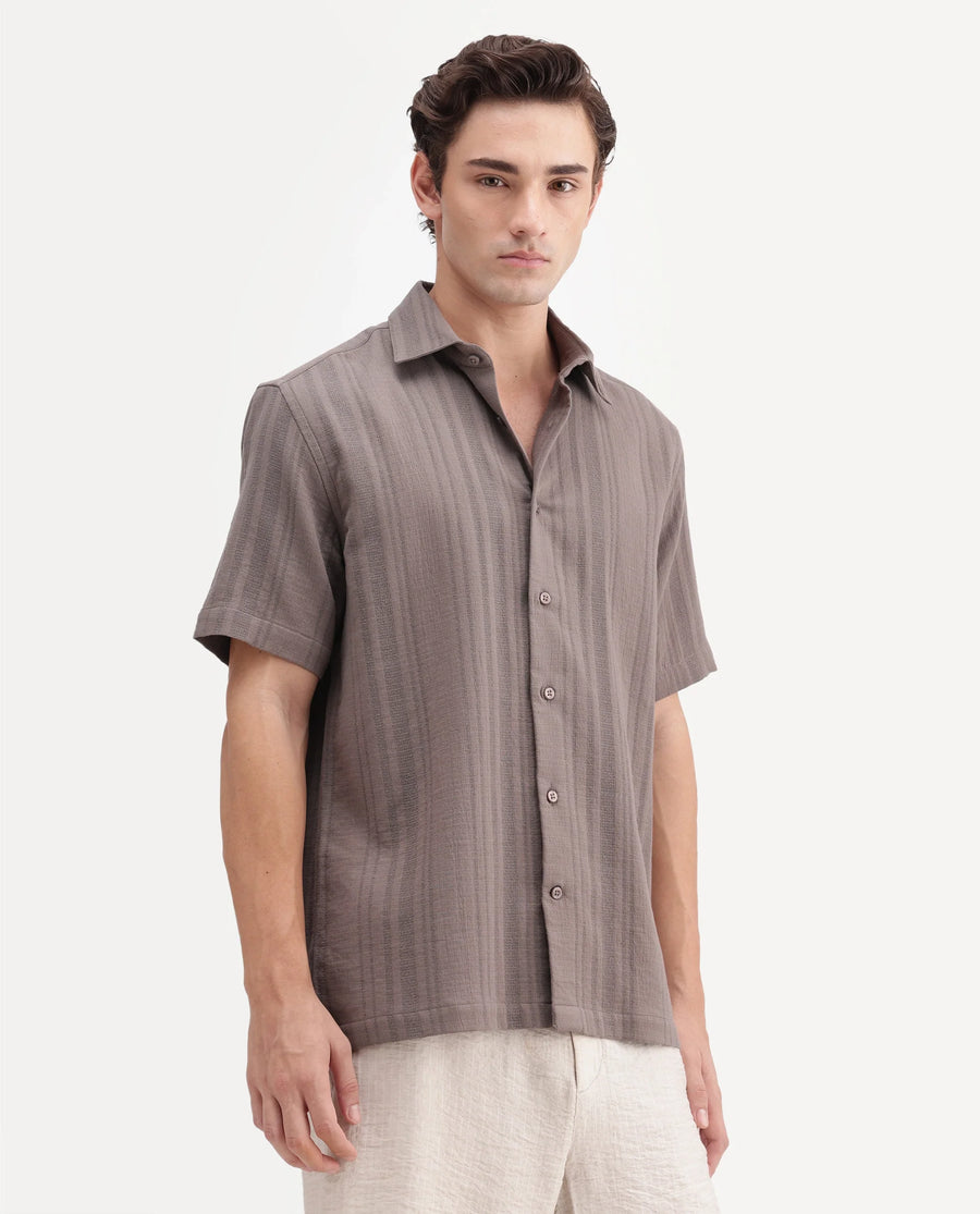 Rare Rabbit Men's Fivo Dusky Brown Cotton Fabric Half Sleeve Collared Regular Fit Striped Shirt