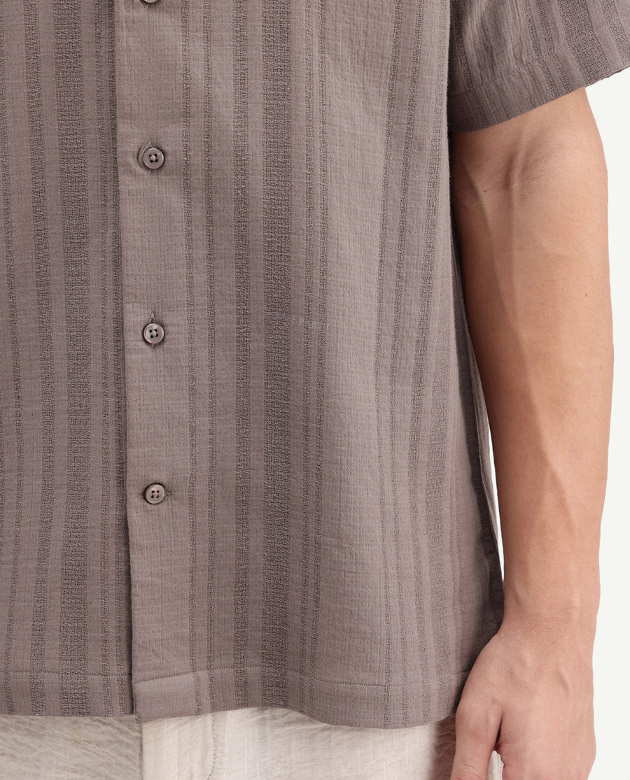 Rare Rabbit Men's Fivo Dusky Brown Cotton Fabric Half Sleeve Collared Regular Fit Striped Shirt