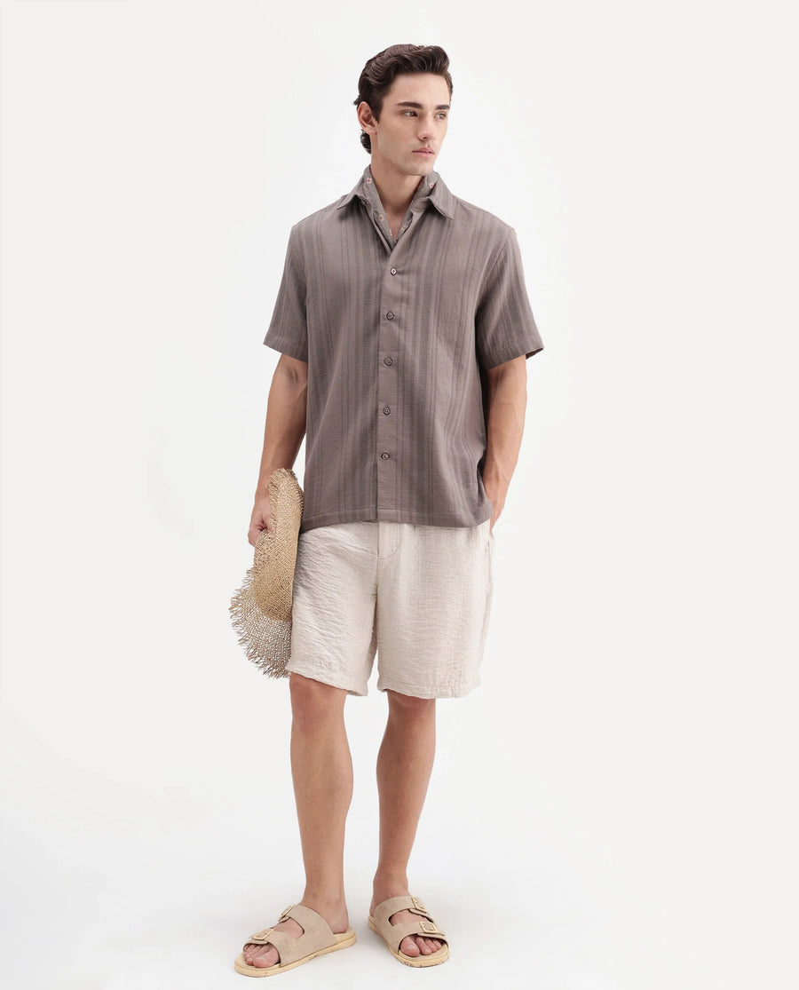Rare Rabbit Men's Fivo Dusky Brown Cotton Fabric Half Sleeve Collared Regular Fit Striped Shirt