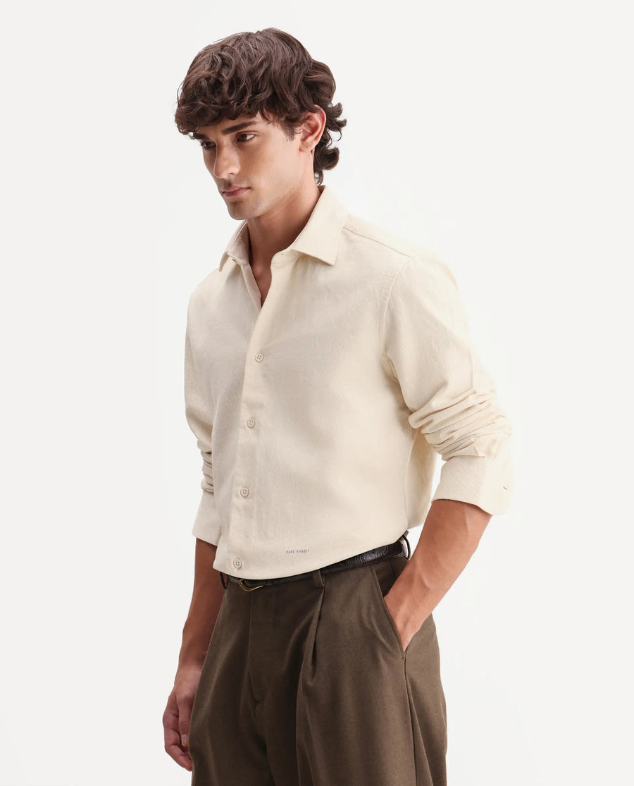Rare Rabbit Men's Ryka Off White Cotton Fabric Full Sleeve Collared Regular Fit Plain Shirt