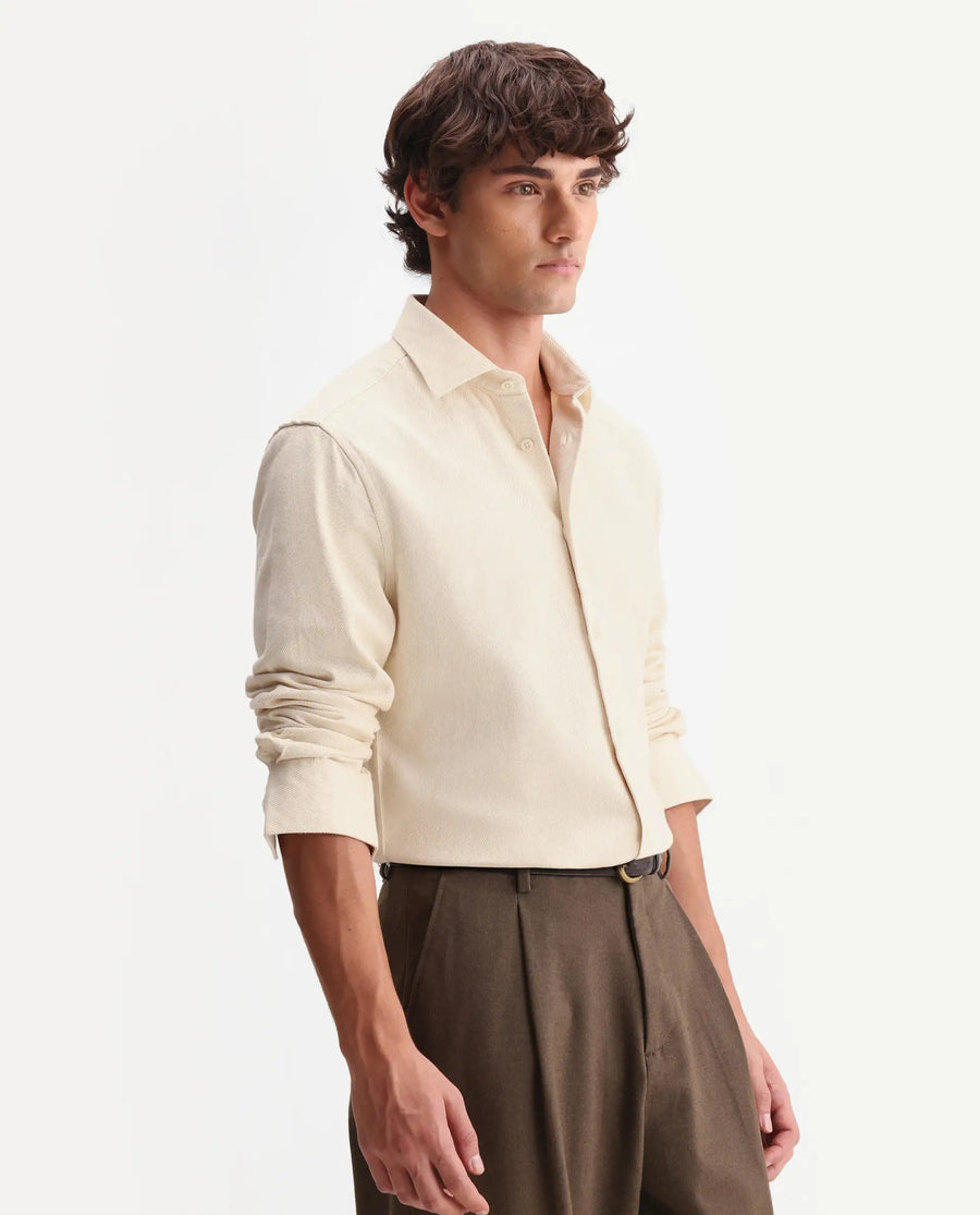 Rare Rabbit Men's Ryka Off White Cotton Fabric Full Sleeve Collared Regular Fit Plain Shirt