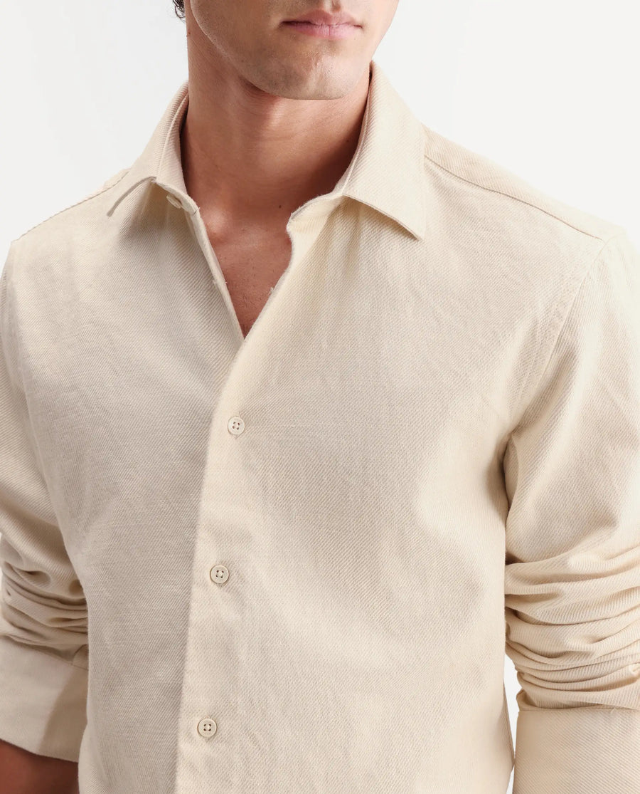 Rare Rabbit Men's Ryka Off White Cotton Fabric Full Sleeve Collared Regular Fit Plain Shirt