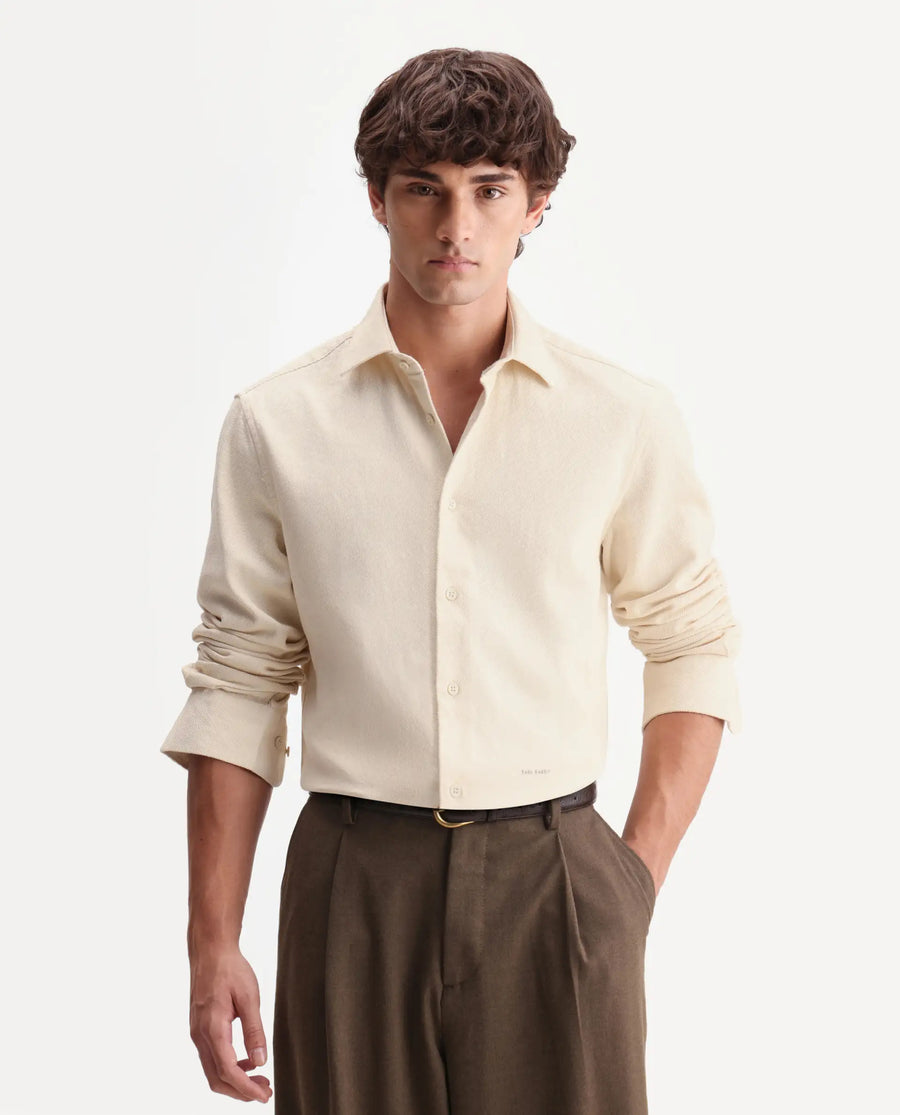 Rare Rabbit Men's Ryka Off White Cotton Fabric Full Sleeve Collared Regular Fit Plain Shirt