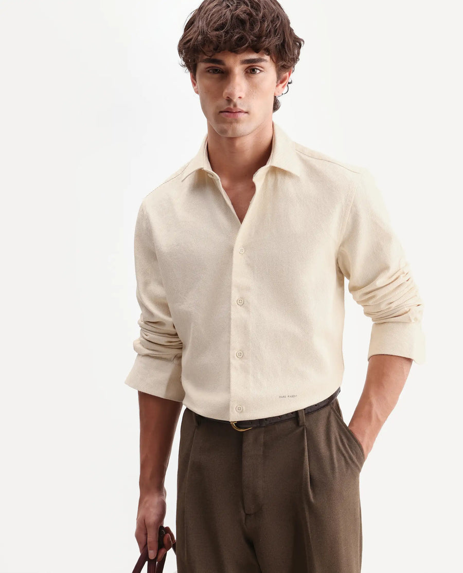 Rare Rabbit Men's Ryka Off White Cotton Fabric Full Sleeve Collared Regular Fit Plain Shirt