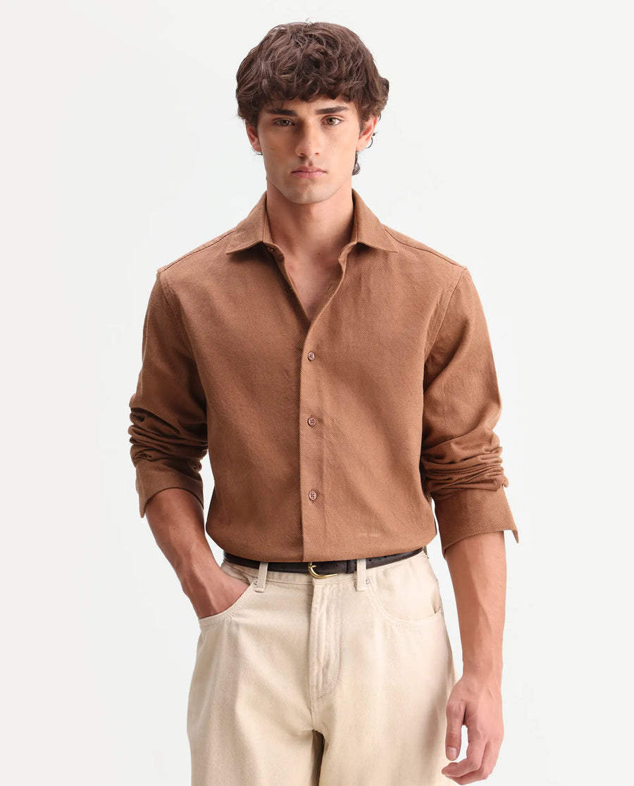 Rare Rabbit Men's Ryka Brown Cotton Fabric Full Sleeve Collared Regular Fit Plain Shirt