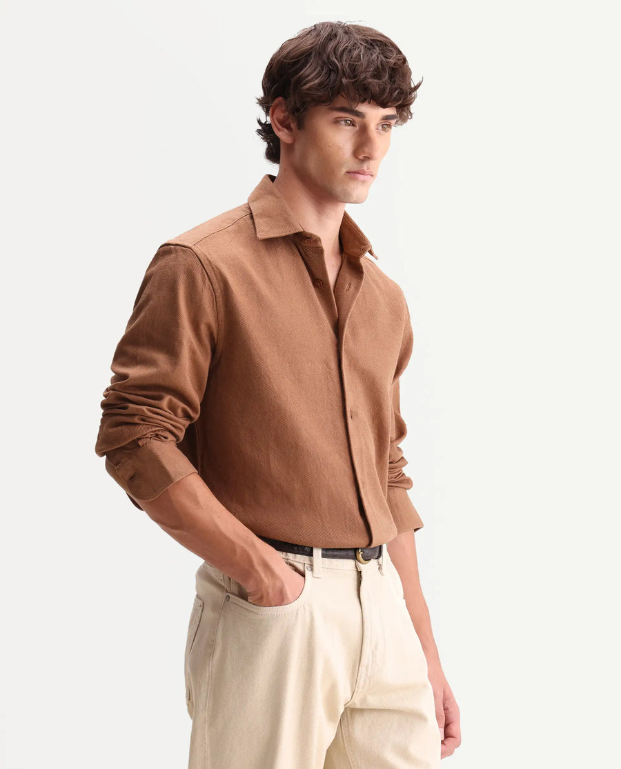 Rare Rabbit Men's Ryka Brown Cotton Fabric Full Sleeve Collared Regular Fit Plain Shirt