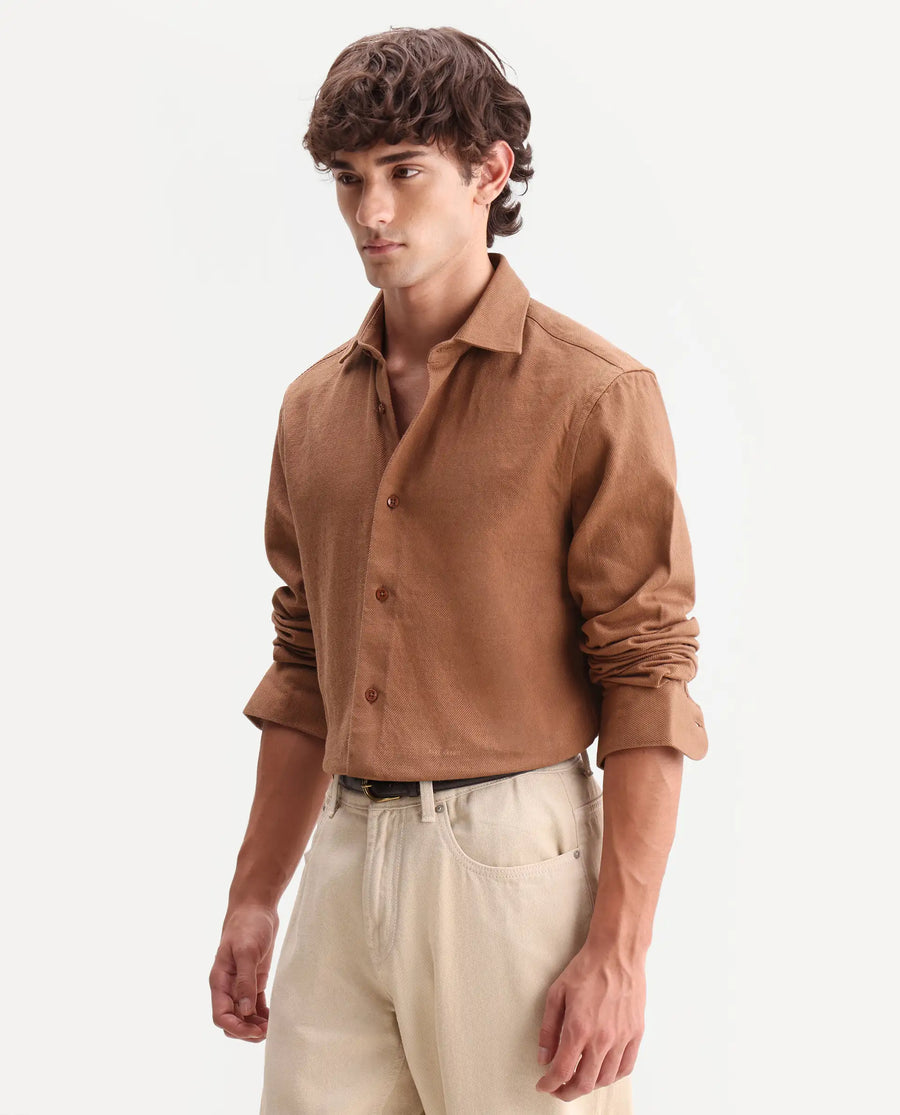 Rare Rabbit Men's Ryka Brown Cotton Fabric Full Sleeve Collared Regular Fit Plain Shirt