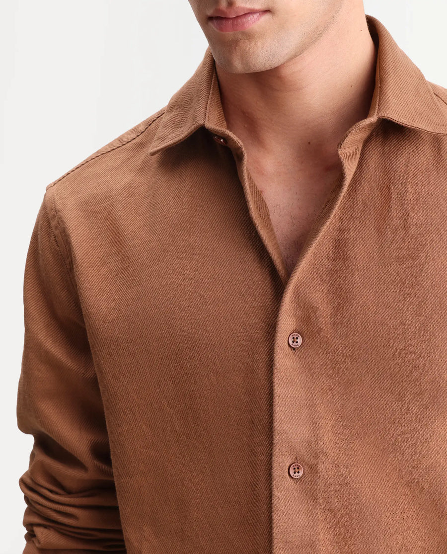 Rare Rabbit Men's Ryka Brown Cotton Fabric Full Sleeve Collared Regular Fit Plain Shirt