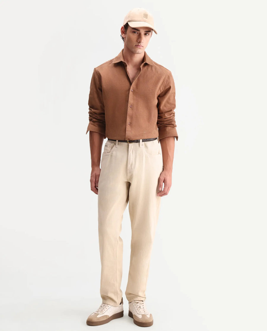 Rare Rabbit Men's Ryka Brown Cotton Fabric Full Sleeve Collared Regular Fit Plain Shirt