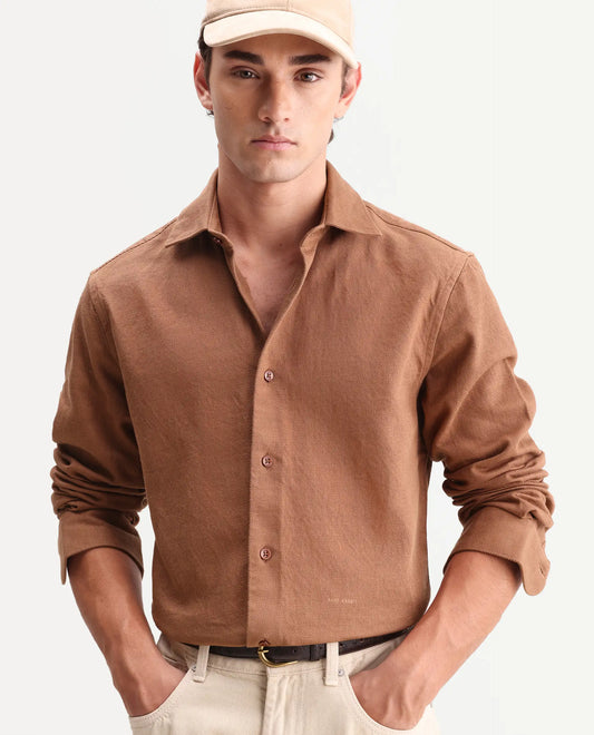 Rare Rabbit Men's Ryka Brown Cotton Fabric Full Sleeve Collared Regular Fit Plain Shirt