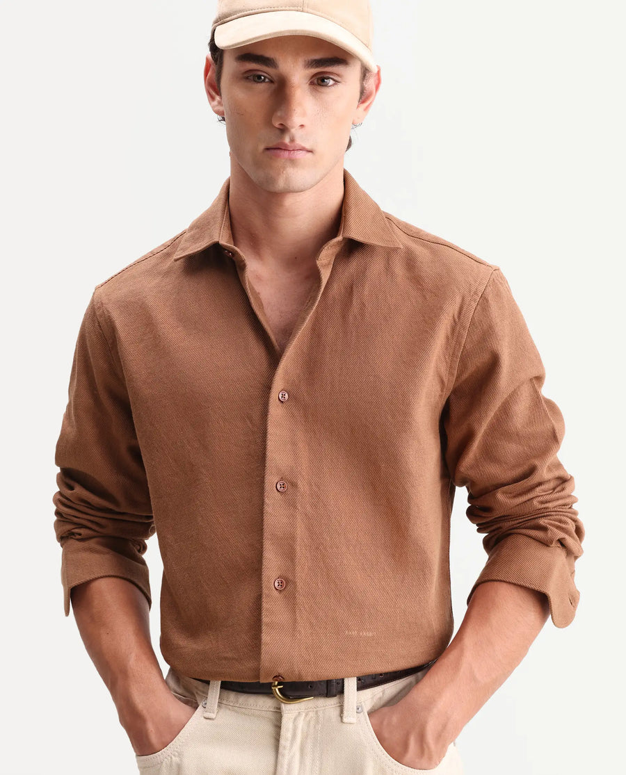 Rare Rabbit Men's Ryka Brown Cotton Fabric Full Sleeve Collared Regular Fit Plain Shirt