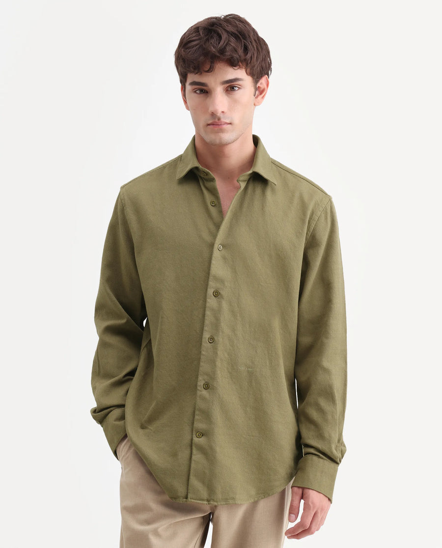 Rare Rabbit Men's Ryka Dusky Olive Cotton Fabric Full Sleeve Collared Regular Fit Plain Shirt
