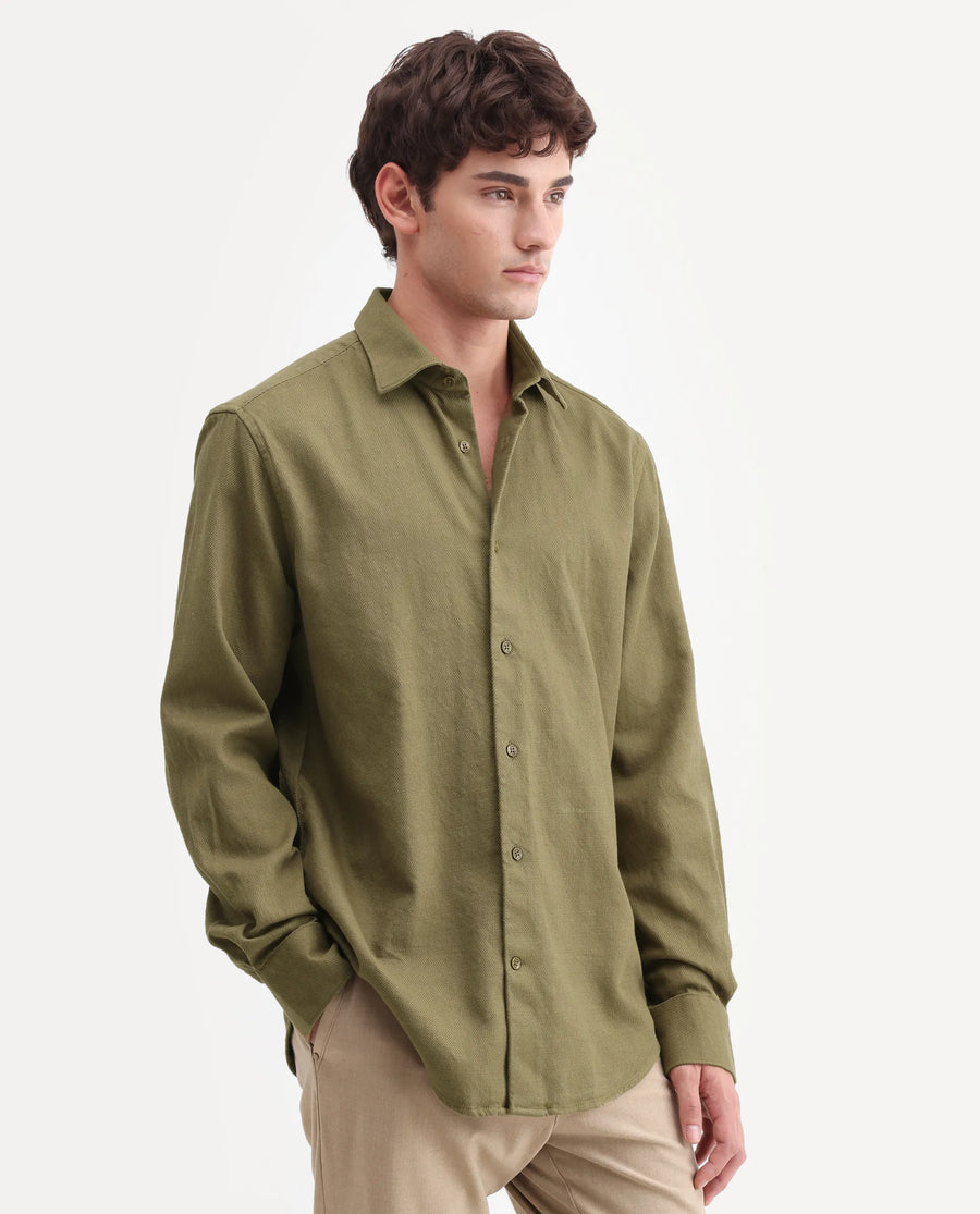 Rare Rabbit Men's Ryka Dusky Olive Cotton Fabric Full Sleeve Collared Regular Fit Plain Shirt