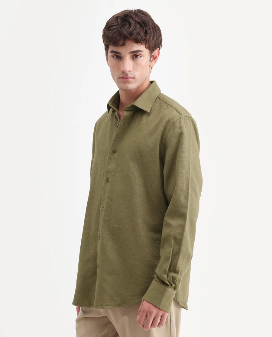 Rare Rabbit Men's Ryka Dusky Olive Cotton Fabric Full Sleeve Collared Regular Fit Plain Shirt