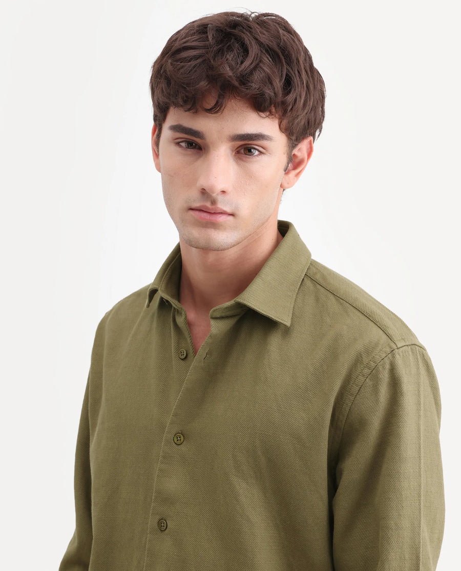 Rare Rabbit Men's Ryka Dusky Olive Cotton Fabric Full Sleeve Collared Regular Fit Plain Shirt