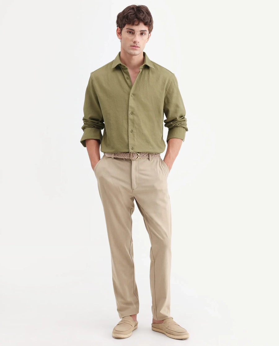 Rare Rabbit Men's Ryka Dusky Olive Cotton Fabric Full Sleeve Collared Regular Fit Plain Shirt