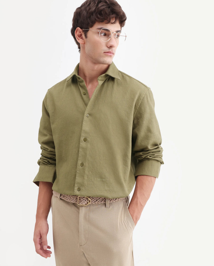 Rare Rabbit Men's Ryka Dusky Olive Cotton Fabric Full Sleeve Collared Regular Fit Plain Shirt